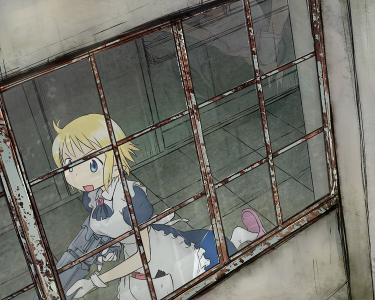 1w2k, apron, blonde_hair, blue_eyes, gloves, gun, maid, naoko-san