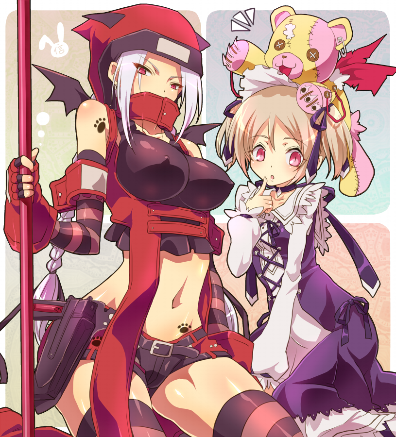 2girls, annerose_redrum, arai_nobu, bat_wings, belt, blush, breasts, brown_hair