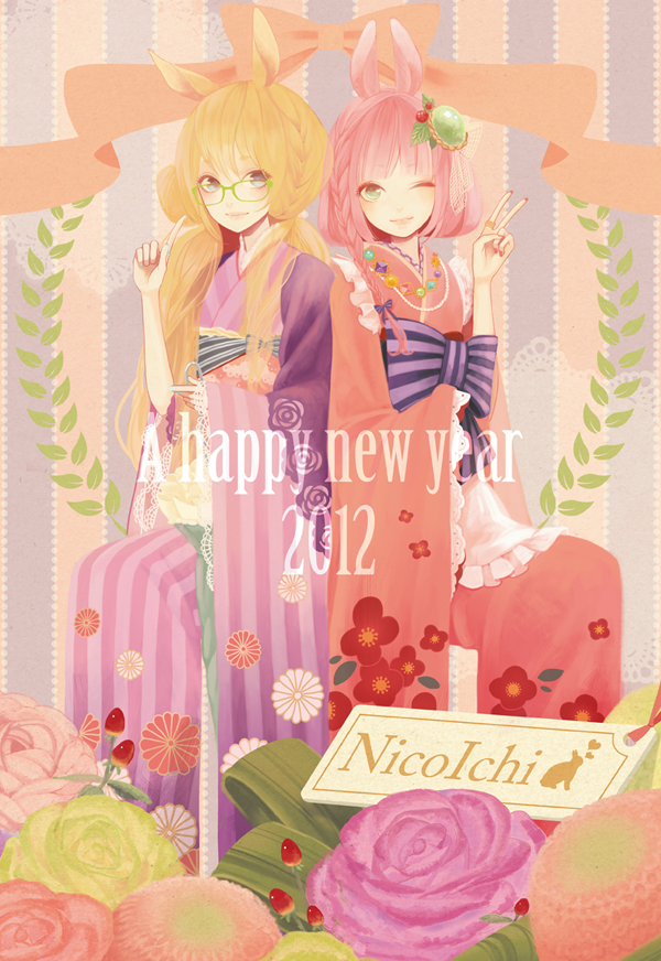 2girls, animal_ears, apron, blonde_hair, blue_eyes, bow, braid, bunny_ears, coma_(fginiy), english, floral_print, frills, glasses, green-framed_glasses, green_eyes, hair_bow, hair_ornament, japanese_clothes, kimono, leaf, long_hair, looking_at_viewer, multiple_girls, nail_polish, new_year, obi, original, pink_hair, pointing, short_hair, single_braid, sitting, sleeves_past_wrists, striped, text, v, wide_sleeves, wink
