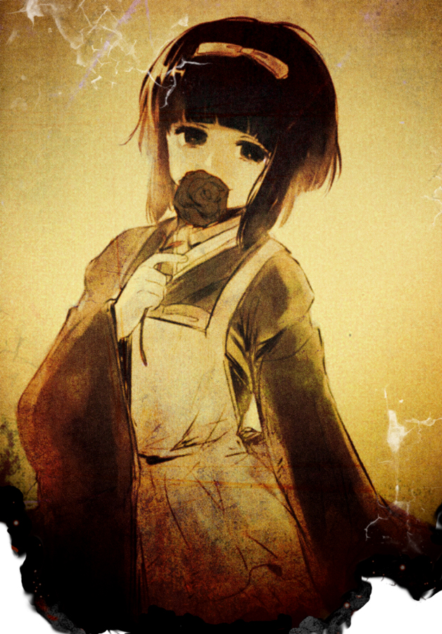 bow, burnt, claudia_kurosaki, covering, covering_face, covering_mough, covering_mouth, flower, hair_bow, japanese_clothes, kl, old, photo_(object), picture, rose, rose_guns_days, sepia, short_hair, sleeves_past_wrists, solo, torn