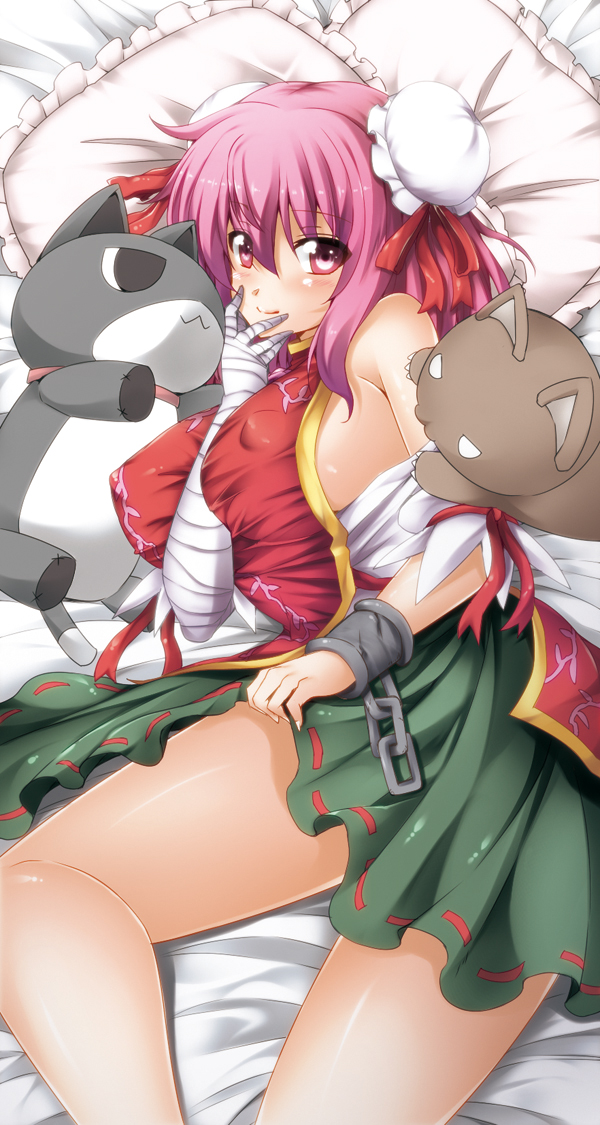 ayakase_riberi, bare_legs, bare_shoulders, bed, breasts, bun_cover, double_bun, erect_nipples