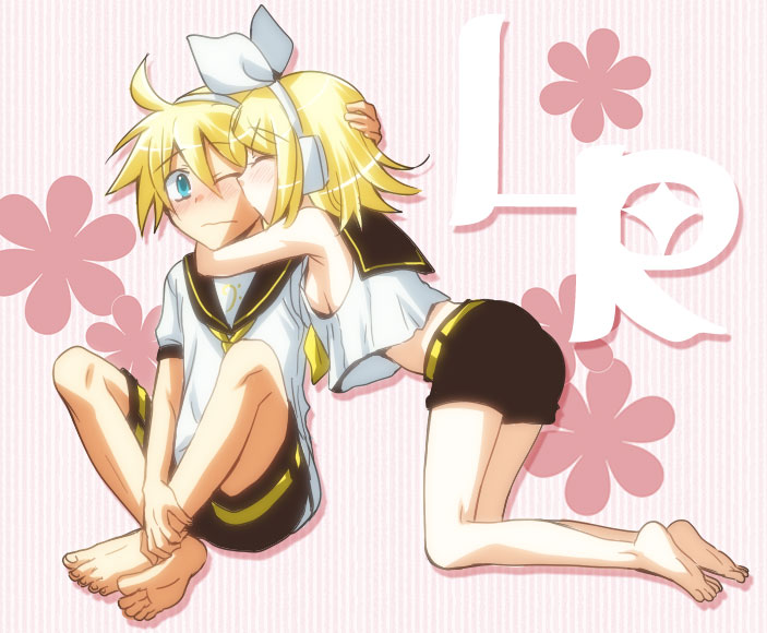 1girl, aqua_eyes, arihara_ema, barefoot, blonde_hair, blue_eyes, blush, bow