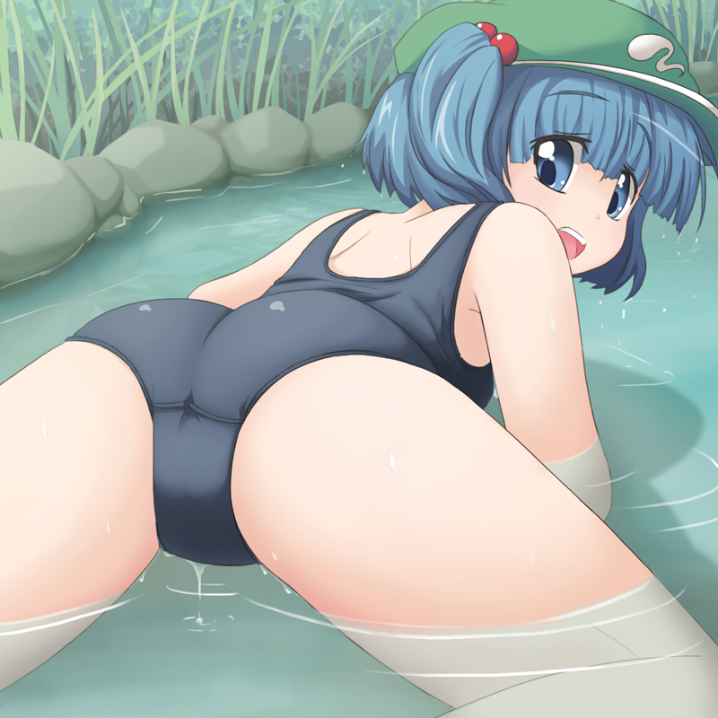 ass, back, blue_eyes, blue_hair, hair_bobbles, hair_ornament, hat, kawashiro_nitori