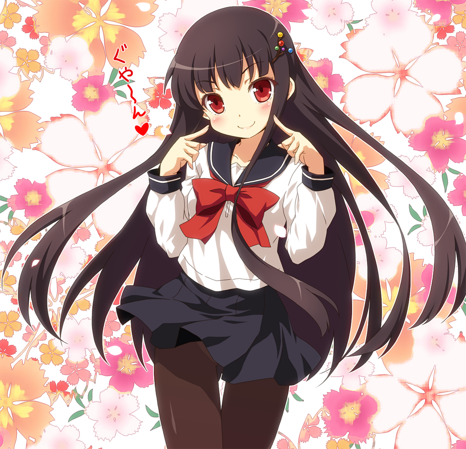 alternate_costume, black_hair, black_legwear, blush, branch, brown_hair, cheekbones, floral_background