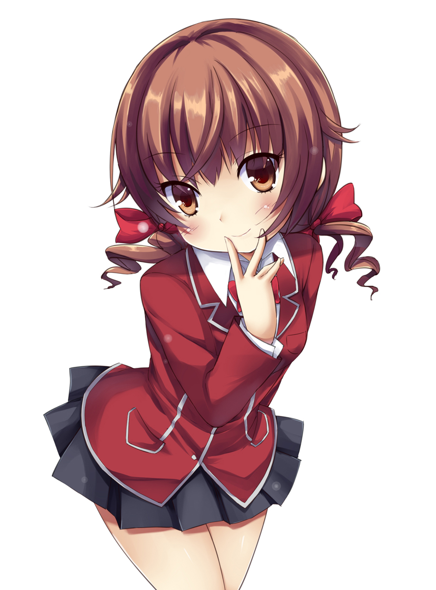 arm_behind_back, bad_id, bangs, blazer, bow, bowtie, brown_eyes, brown_hair