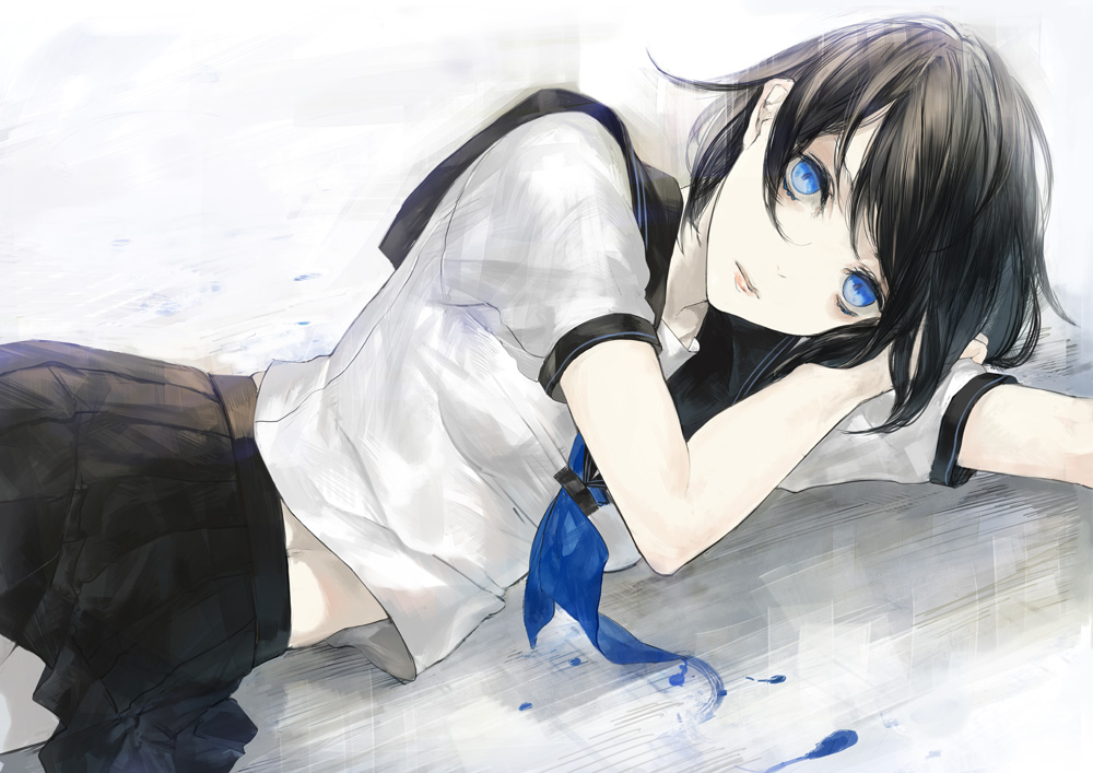 ascot, black_hair, blue_eyes, expressionless, kunimura_hakushi, lips, looking_at_viewer, lying