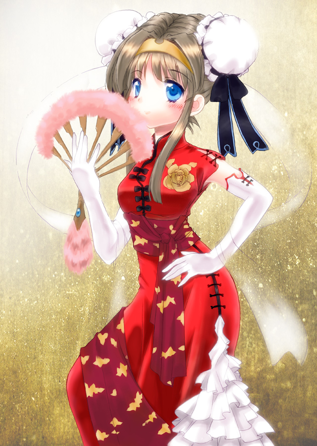 bad_id, blue_eyes, blush, bun_cover, china_dress, chinese_clothes, double_bun, elbow_gloves, fan, female, folding_fan, gloves, hairband, holding, kitagawa_mikio, original, ribbon, solo