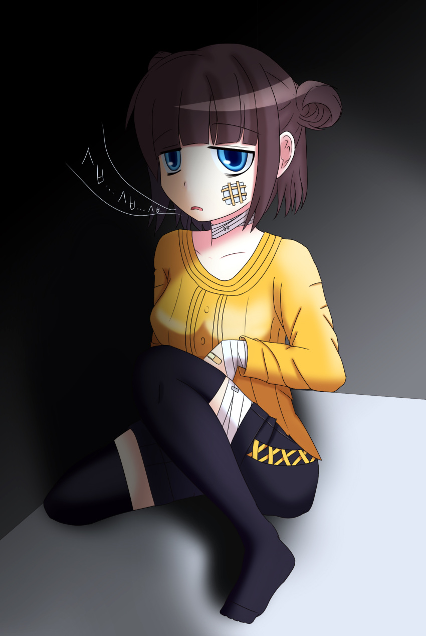 1girl, bandages, bandaid, black_legwear, blue_eyes, double_bun, gloom_(expression), highres