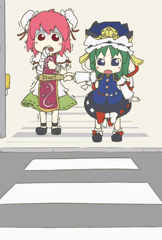 arm_ribbon, bandage, bandages, blue_eyes, bun_cover, chibi, crosswalk, double_bun