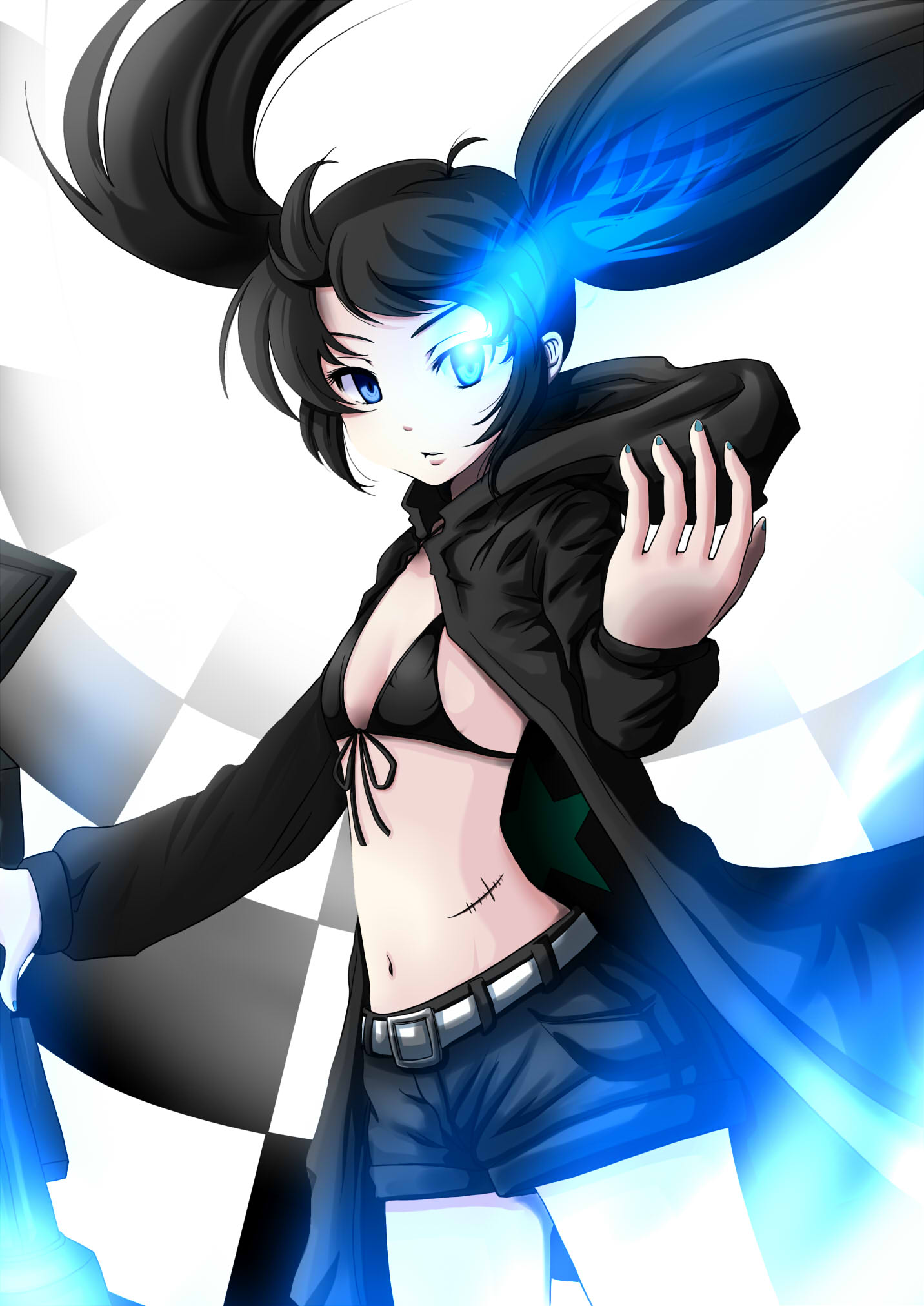 bad_id, belt, bikini_top, black_hair, black_rock_shooter, black_rock_shooter_(character), blue_eyes, coat
