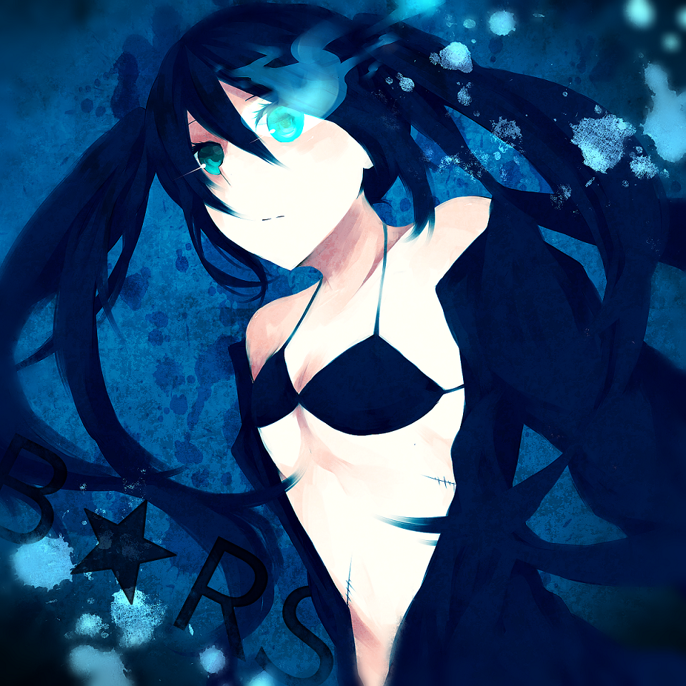 bikini_top, black_hair, black_rock_shooter, black_rock_shooter_(character), blue_eyes, glowing, glowing_eyes, kogarashi_midori