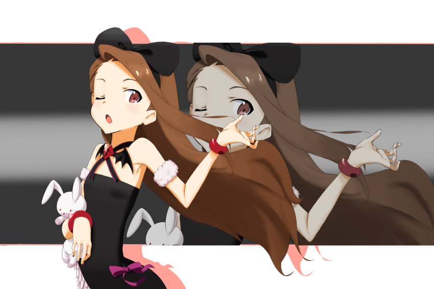 bow, bracelet, brown_hair, doll, flat_chest, idolmaster, jewelry, letterboxed, long_hair, minase_iori, mujin_gattai_kisaragi, red_eyes, shotarou, wink, zoom_layer
