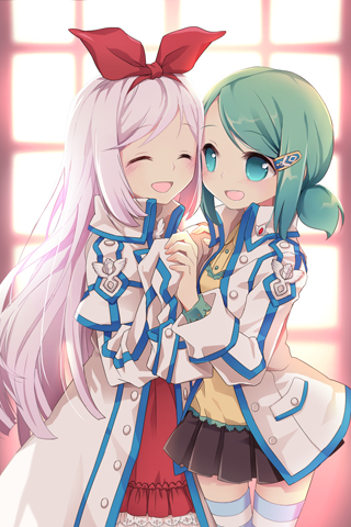 aqua_eyes, artist_request, bangs, bow, closed_eyes, coat, dress, frilled_dress, frills, green_hair, hair_bow, hair_ornament, hairclip, holding_hands, long_hair, lowres, multiple_girls, open_mouth, ponytail, red_dress, ribbon, rotori, short_hair, short_ponytail, silver_hair, skirt, smile, striped, striped_legwear, swept_bangs, sword_girls, thigh-highs, thighhighs, window, youngest_knight, zettai_ryouiki