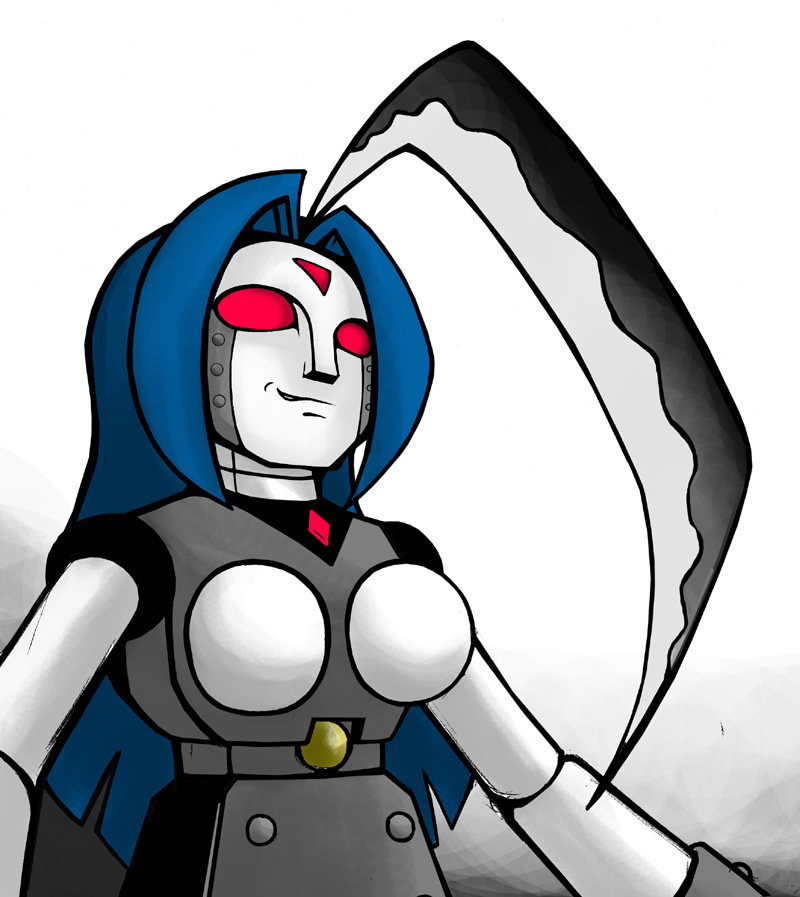 ahoge, azuscythe, blue_hair, breasts, bust, idolmaster, mecha, miura_azusa