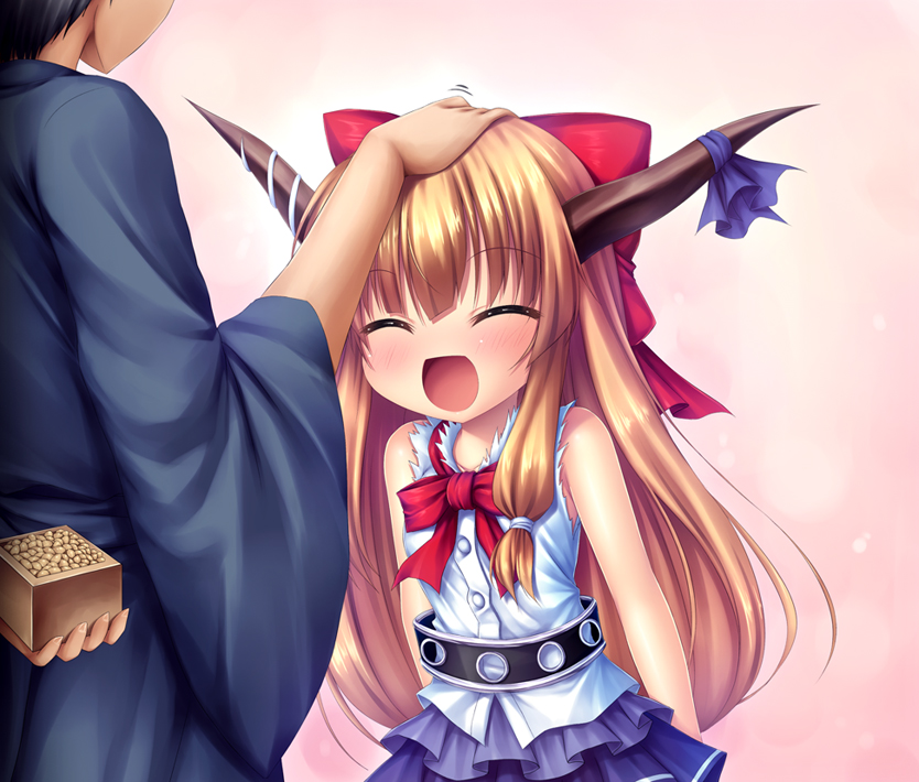 1girl, :d, ^_^, age_difference, arm_behind_back, arms_behind_back, bangs, bare_shoulders