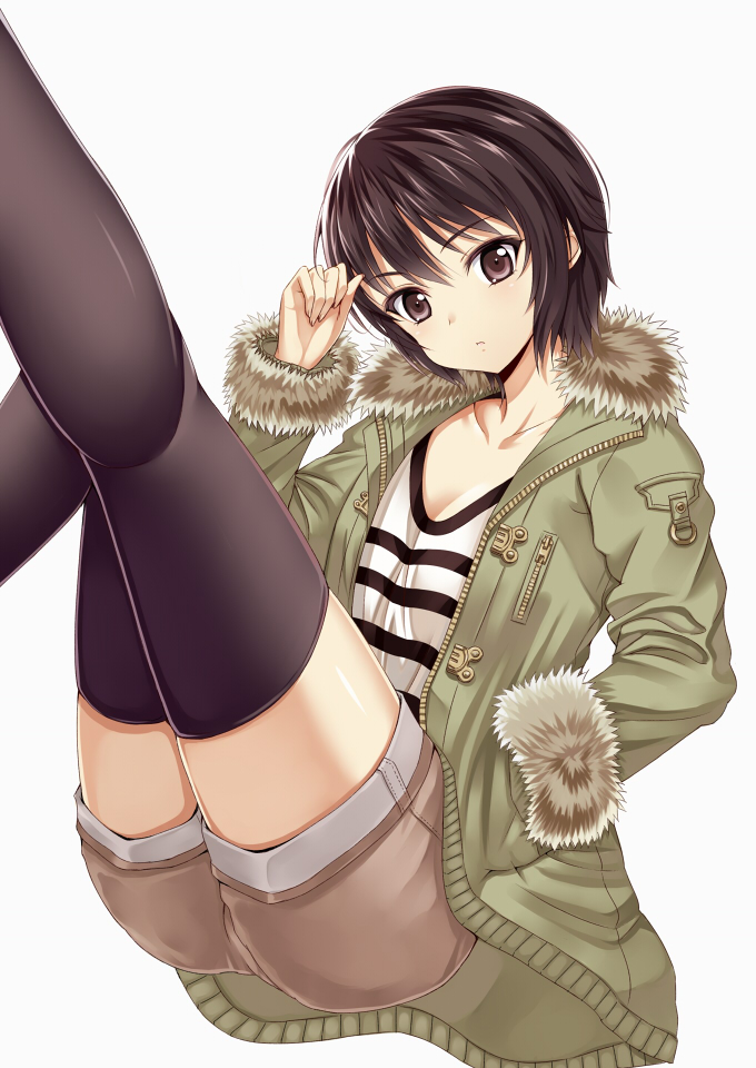 brown_hair, coat, collarbone, fur_trim, hand_in_pocket, kisugi_akira, looking_at_viewer, original
