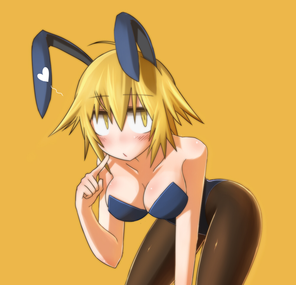 1girl, bad_id, bare_shoulders, bent_over, blonde_hair, blush, breasts, bunny_ears