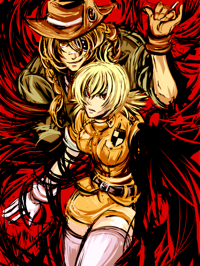 artist_request, blonde_hair, braid, cigarette, darkness, eyepatch, gloves, hat, hellsing, pip_bernardotte, red_eyes, seras_victoria, shichiria, single_braid, smile, smoking, thigh-highs, thighhighs, uniform, vampire, yellow_eyes