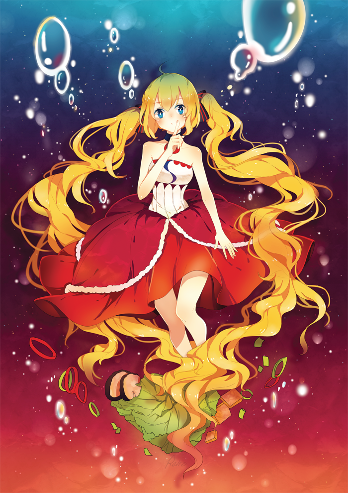 ahoge, artist_name, bad_id, bare_legs, bare_shoulders, blonde_hair, blue_eyes, bubble