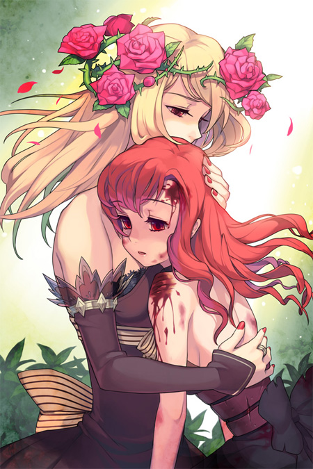 2girls, armlet, bare_back, bare_shoulders, black_bra, bleeding, blonde_hair, blood
