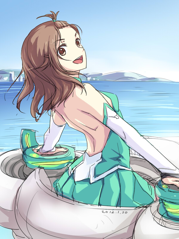 blue_sky, brown_eyes, brown_hair, kyouno_madoka, looking_back, ocean, open_mouth, rinne_no_lagrange