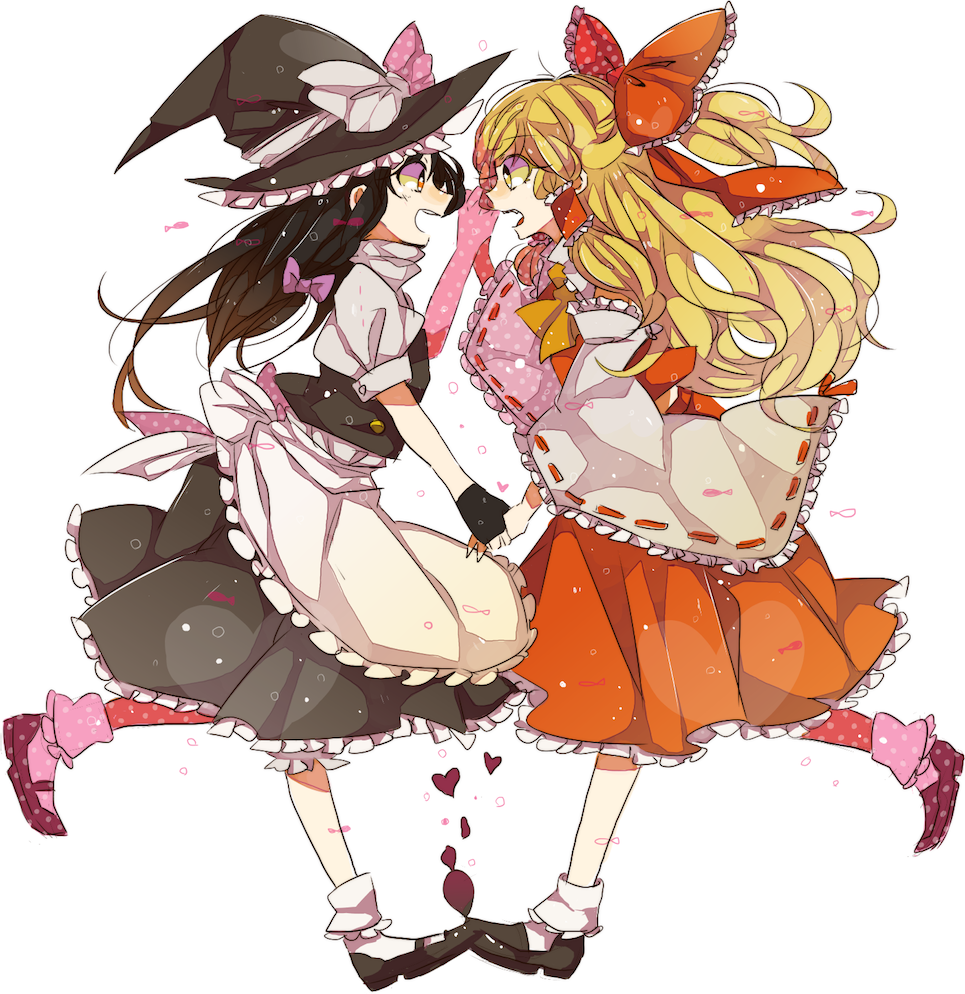 alternate_hairstyle, apron, ascot, black_gloves, black_hair, blonde_hair, bobby_socks, bow, brown_eyes, cosplay, costume_switch, detached_sleeves, fingerless_gloves, footwear, frills, gloves, hair_bow, hair_tubes, hakurei_reimu, hakurei_reimu_(cosplay), hand_holding, hat, hat_bow, holding_hands, kirisame_marisa, kirisame_marisa_(cosplay), long_hair, mam233, miko, multiple_girls, ponytail, puffy_sleeves, short_ponytail, short_sleeves, simple_background, skirt, socks, touhou, vest, waist_apron, white_background, white_legwear, witch, witch_hat, yellow_eyes