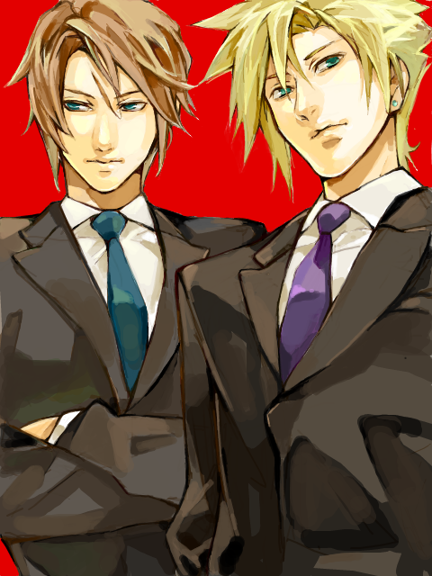 05200603, blonde_hair, brown_hair, cloud_strife, crossed_arms, final_fantasy, final_fantasy_vii, final_fantasy_viii, formal, male, multiple_boys, necktie, red_background, scar, squall_leonhart, suit, tama@twitter, tama_(tmfy5)