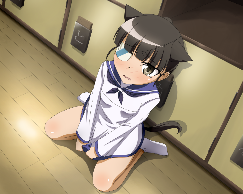 bad_id, blush, brown_eyes, brown_hair, eyepatch, footwear, norayinu, open_mouth