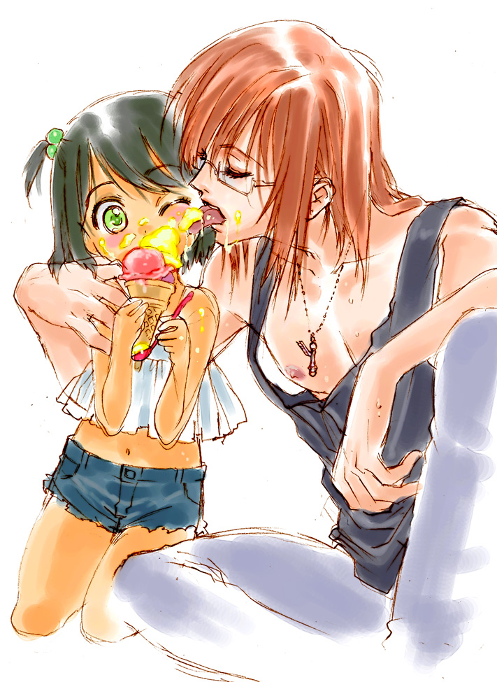 anubituf, black_hair, brown_hair, food, glasses, green_eyes, ice_cream, jewelry