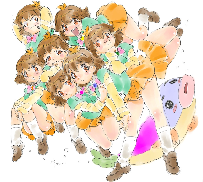 :d, billy_(shichinin_no_nana), brown_hair, glasses, loafers, multiple_girls, multiple_persona, nishida_asako, open_mouth, pince-nez, plush, shichinin_no_nana, shoes, skirt, smile, socks, suzuki_nana, suzuki_nanacchi, suzuki_nanakko, suzuki_nanapon, suzuki_nanappe, suzuki_nanarin, suzuki_nanasama, white_legwear
