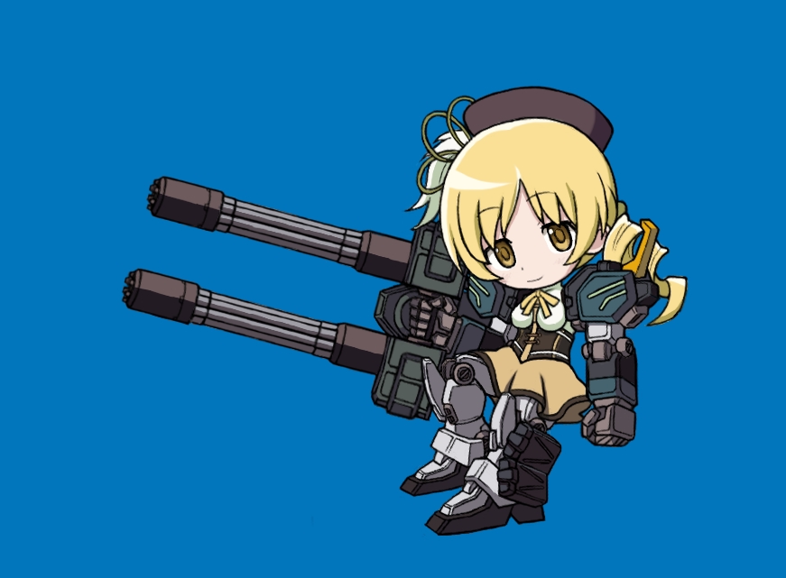 beret, blonde_hair, blue_background, chibi, corset, destiny30229, drill_hair, gatling_gun, gun, gundam, gundam_heavyarms_custom, gundam_wing, gundam_wing_endless_waltz, hat, magical_girl, mahou_shoujo_madoka_magica, mecha_musume, simple_background, solo, tomoe_mami, twin_drills, weapon, yellow_eyes