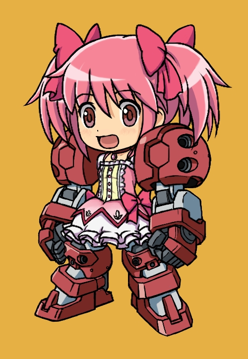 :d, bow, brown_background, bubble_skirt, chibi, destiny30229, dress, frills, fusion, gundam, gundam_age, gundam_age-1, gundam_age-1_titus, hair_bow, kaname_madoka, looking_at_viewer, magical_girl, mahou_shoujo_madoka_magica, mecha_musume, mechanical_arms, mechanical_legs, open_mouth, orange_background, pink_eyes, pink_hair, short_twintails, simple_background, smile, solo, standing, twintails