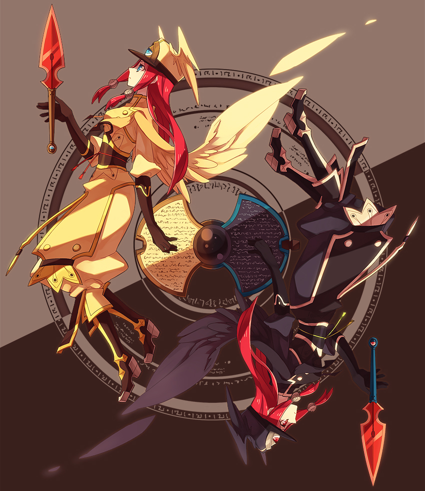 dual_persona, elbow_gloves, gloves, hat, knife, red_eyes, red_hair, redhead