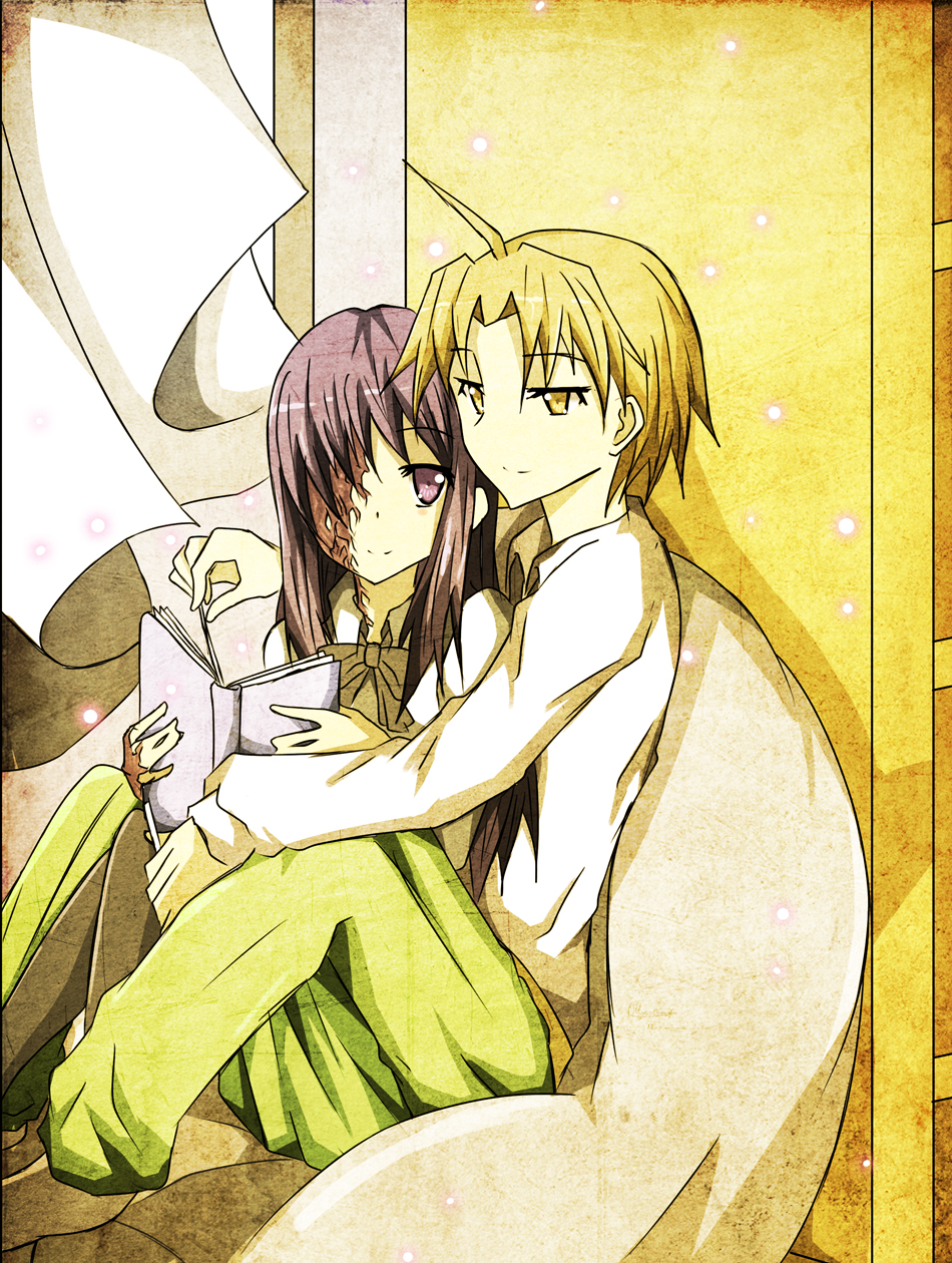 1girl, bean_bag, couple, highres, hug, hug_from_behind, ikezawa_hanako, katawa_shoujo