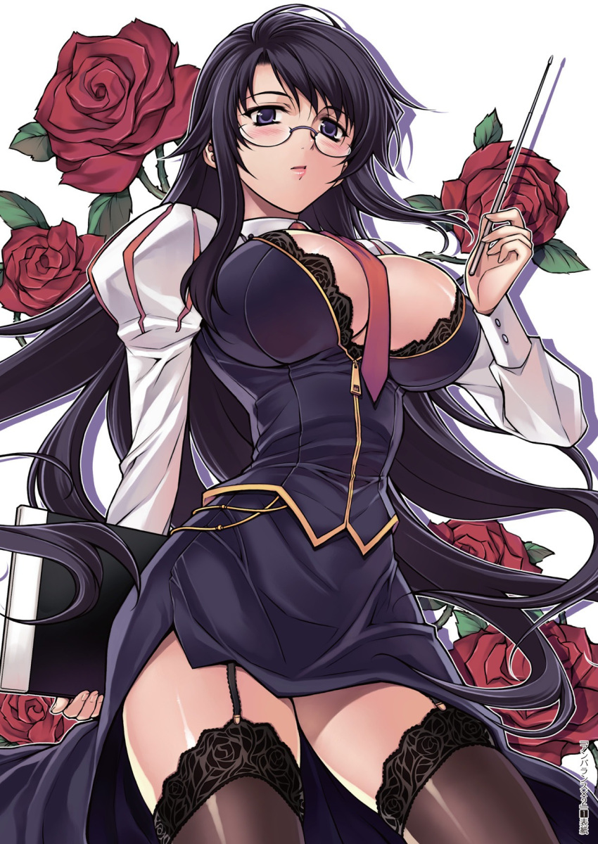 black_bra, black_legwear, blush, bra, breasts, cleavage, flower, garter_straps, glasses, hae-young_na, highres, lace, lace-trimmed_thighhighs, large_breasts, lingerie, lips, long_hair, necktie, pointer, puffy_sleeves, purple_eyes, purple_hair, rose, skirt, solo, soo-hyon_lee, thigh-highs, thighhighs, thighs, unbalance_unbalance, unbalance_x_unbalance, underwear, unzipped, violet_eyes