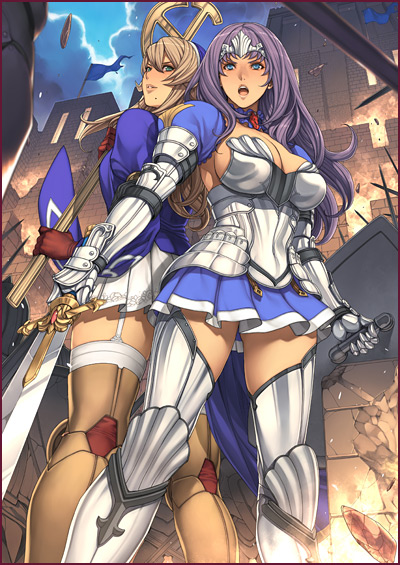 armlet, armor, armored_dress, back-to-back, blue_eyes, breasts, brown_hair, cleavage