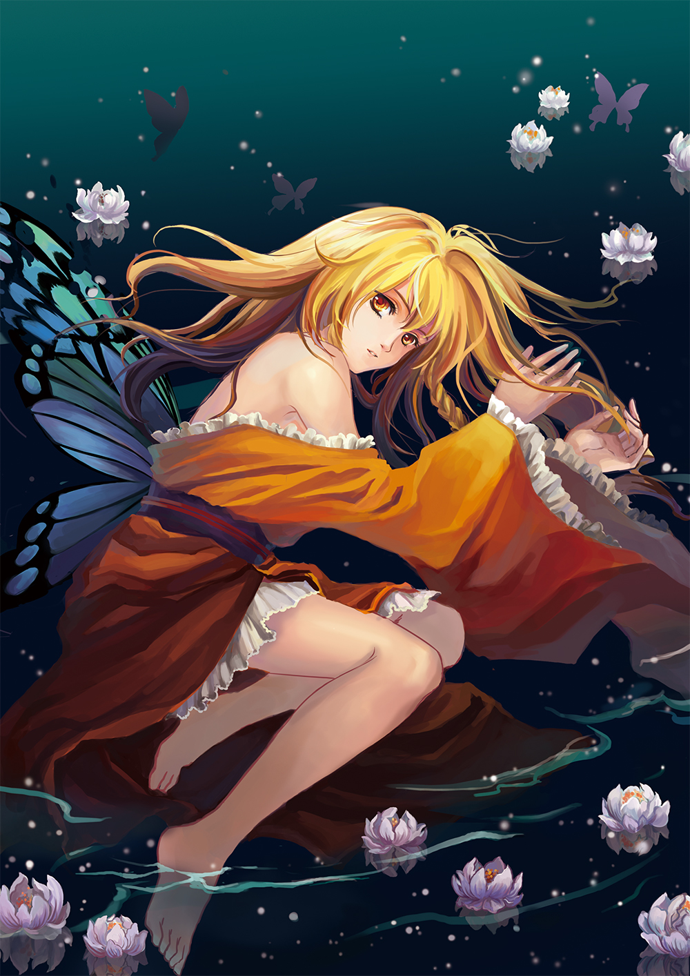 alternate_costume, barefoot, blonde_hair, braid, butterfly, butterfly_wings, feet, feet_in_water, flower, highres, kirisame_marisa, long_hair, looking_at_viewer, nataku39, off_shoulder, reflection, side_braid, soaking_feet, touhou, water, wings, yellow_eyes