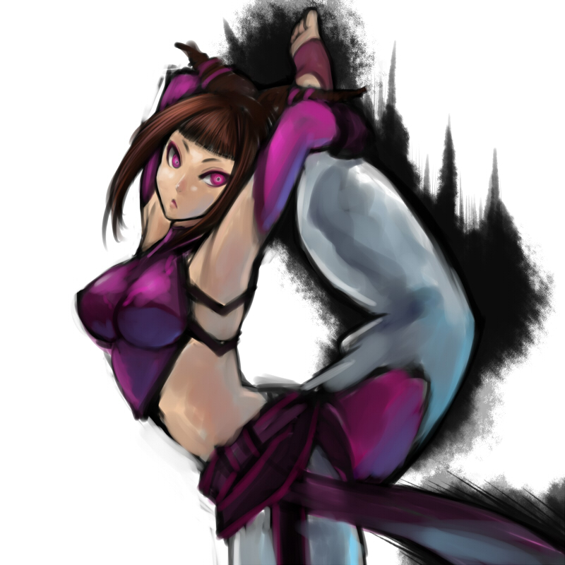 arched_back, armpits, arms_behind_head, baggy_pants, bare_shoulders, barefoot, breasts, brown_hair, capcom, crop_top, elbow_gloves, feet, flexible, gloves, halter_top, halterneck, han_juri, large_breasts, midriff, nyantiu, purple_eyes, solo, standing_on_one_leg, street_fighter, street_fighter_iv, stretch, super_street_fighter_iv, toeless_socks, toes, twintails, violet_eyes