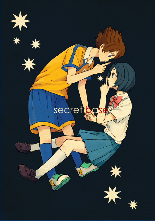 1girl, bad_id, blue_eyes, blue_hair, brown_hair, hand_holding, holding_hands, inazuma_eleven, inazuma_eleven_(series), inazuma_eleven_go, matsukaze_tenma, mg633b, school_uniform, short_hair, shushing, smile, soccer_uniform, sorano_aoi