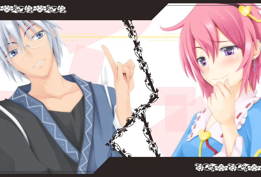 blue_eyes, blush, earrings, giggle, glasses, hands, headband, heart