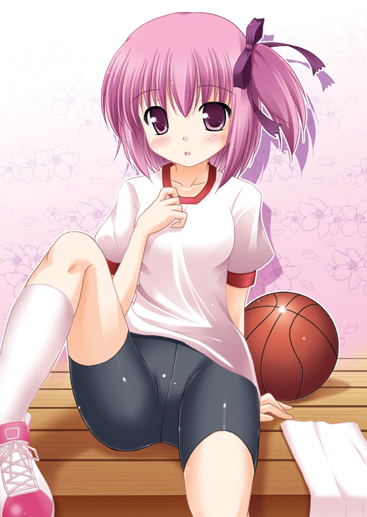 bike_shorts, blush, gym_uniform, minato_tomoka, purple_eyes, purple_hair, ribbon, ro-kyu-bu!