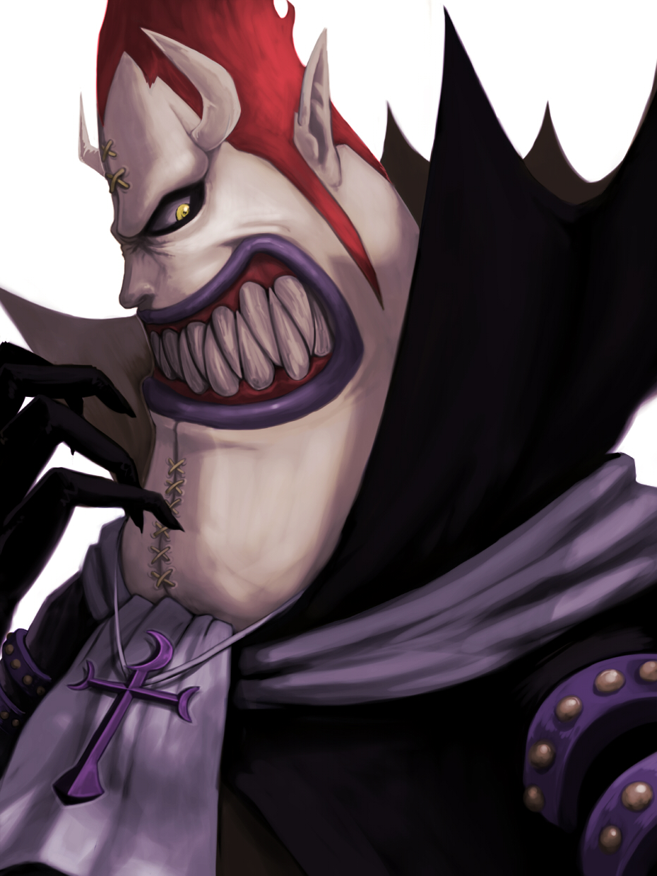 claws, cravat, gecko_moria, grin, gums, highres, horns, male, one_piece, pale_skin, pointed_teeth, pointy_ears, profile, purple_lips, red_hair, redhead, sharp_teeth, smile, solo, white_skin, yellow_eyes, yoshida_takanori