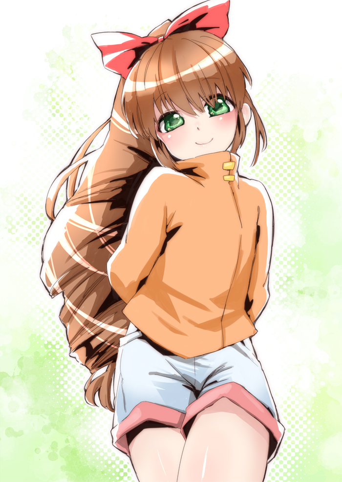 arms_behind_back, baggy_shorts, big_watery_eyes_desu!, blush, bow, braid, brown_hair, drill_hair, green_eyes, hair_bow, jacket, long_hair, looking_at_viewer, mutou_(canaria), mutou_mato, ponytail, scryed, shorts, single_braid, smile, solo, standing, thighs, very_long_hair, yuuta_kanami