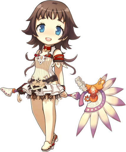 blue_eyes, brown_hair, chibi, choker, dress, fan, long_hair, magna_carta