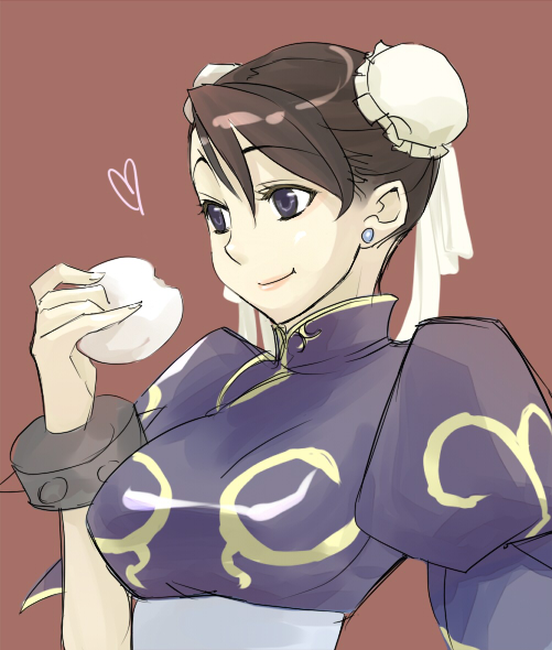 bracelet, brown_hair, bun_cover, chinese_clothes, chun-li, double_bun, food, jewelry