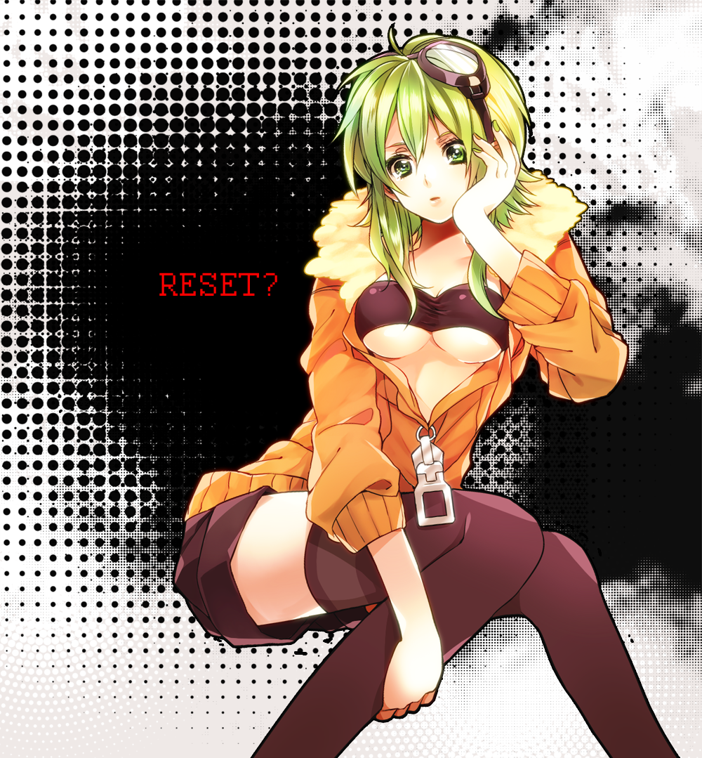 breasts, goggles, goggles_on_head, green_eyes, green_hair, gumi, jacket, jinsei_reset_button_(vocaloid)