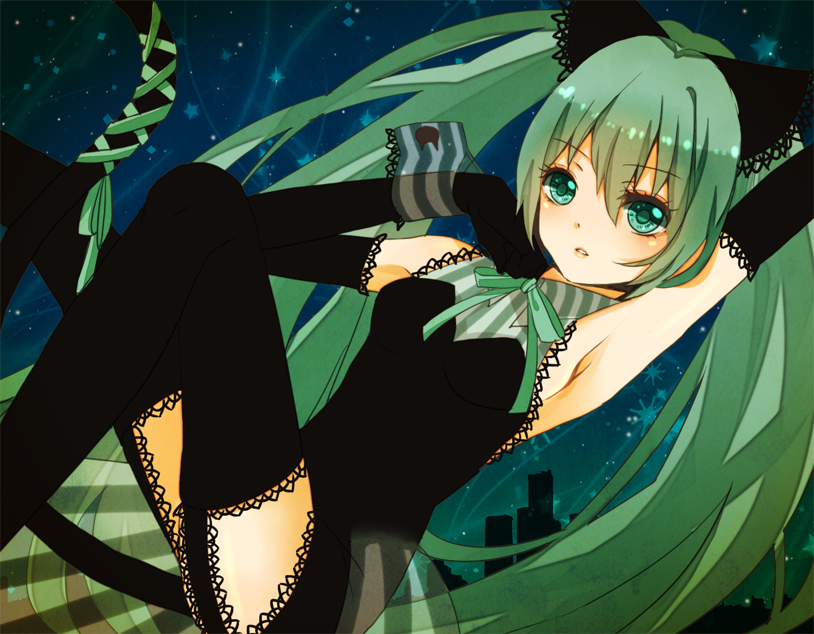garter_straps, green_eyes, green_hair, hatsune_miku, kemonomimi_mode, long_hair, risky_game_(vocaloid), solo