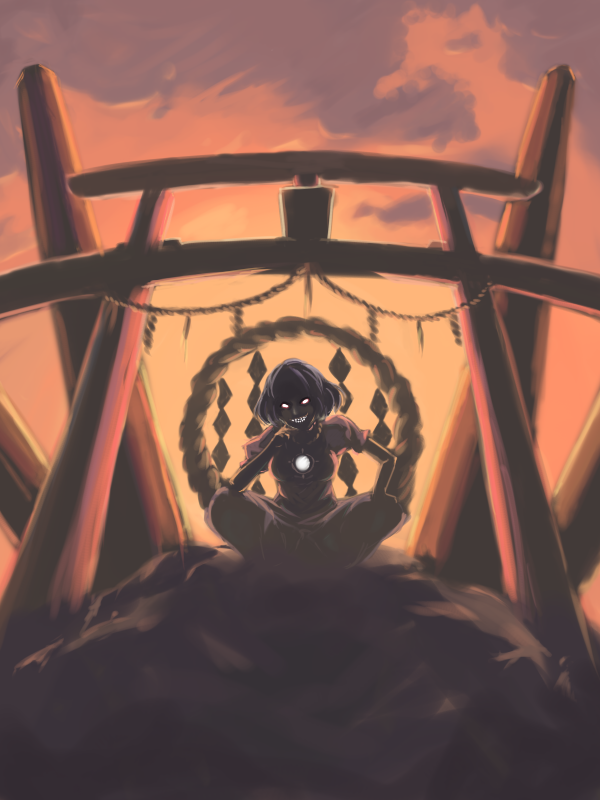 backlighting, chin_rest, creepy, evening, ex, from_below, grin, shimenawa
