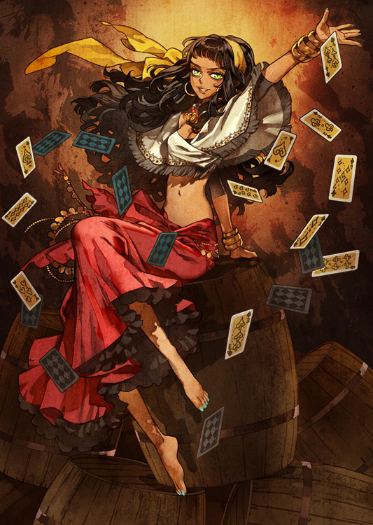 barefoot, black_hair, breasts, card, cleavage, dark_skin, earrings, grin