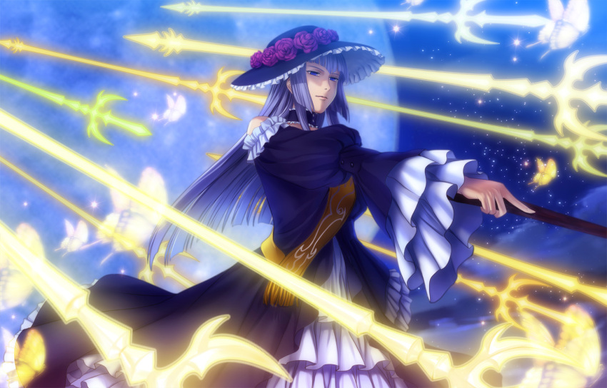 butterfly, choker, dress, flower, gate_of_babylon, hat, hime_cut, long_hair